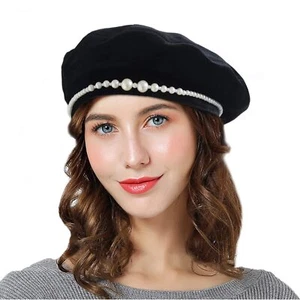 Women’s French Velvet Beret Pearl Decorated Beanie Hat Fall Winter Style - Picture 1 of 9