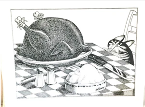 Kliban Kitty Vintage Print - November 1977 Thanksgiving Cat; Cat Calendar Book - Picture 1 of 4