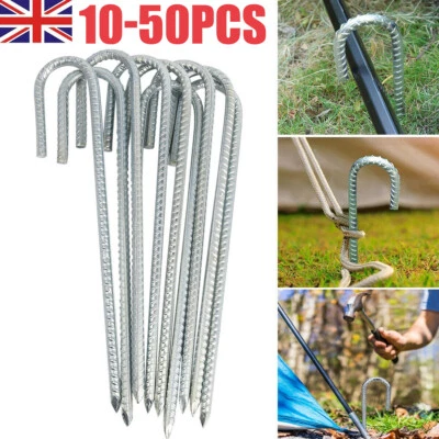 10-50pcs Heavy Duty 12" Galvanised Steel Ground Stakes J Shaped Pegs Gazebo Tent - Image 1 of 4