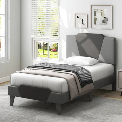 Twin Size Upholstered Platform Bed Frame Velvet Headboard Mattress Foundation - Image 1 of 4