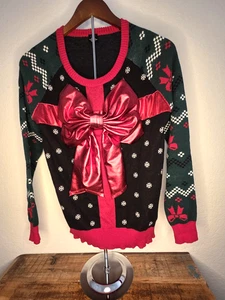 Ugly Christmas Sweater with Shiny 3-D Red Bow Medium - Picture 1 of 5