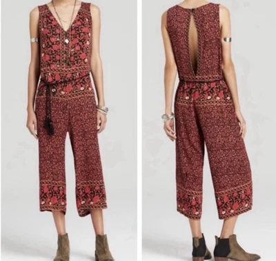 Mono Culotte Negro Estampado Floral Bolsillo Negro Free People Pierna Ancha Talla Pequeña Foto 1 de 4