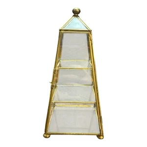 VTG Brass and Glass 3 Shelf Pyramid Display Case Mini Curio 9" Tall & 4” Base - Picture 1 of 18