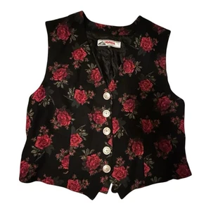 Chaleco de Lana Vintage Alphorn Trachten Negro Floral Rojo Rosas Para Mujer Talla UE 44 - Imagen 1 de 10