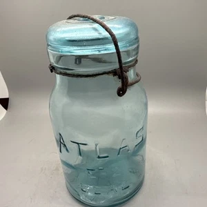 Atlas E-Z Seal Quart Jar Blue Wire Bail Glass Lid Vintage - Picture 1 of 6