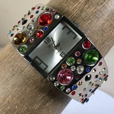 Geneva Platinum Women Multicolor Gems Stones Cuff Bangle Quartz 32mm Watch7" - Image 1 of 4