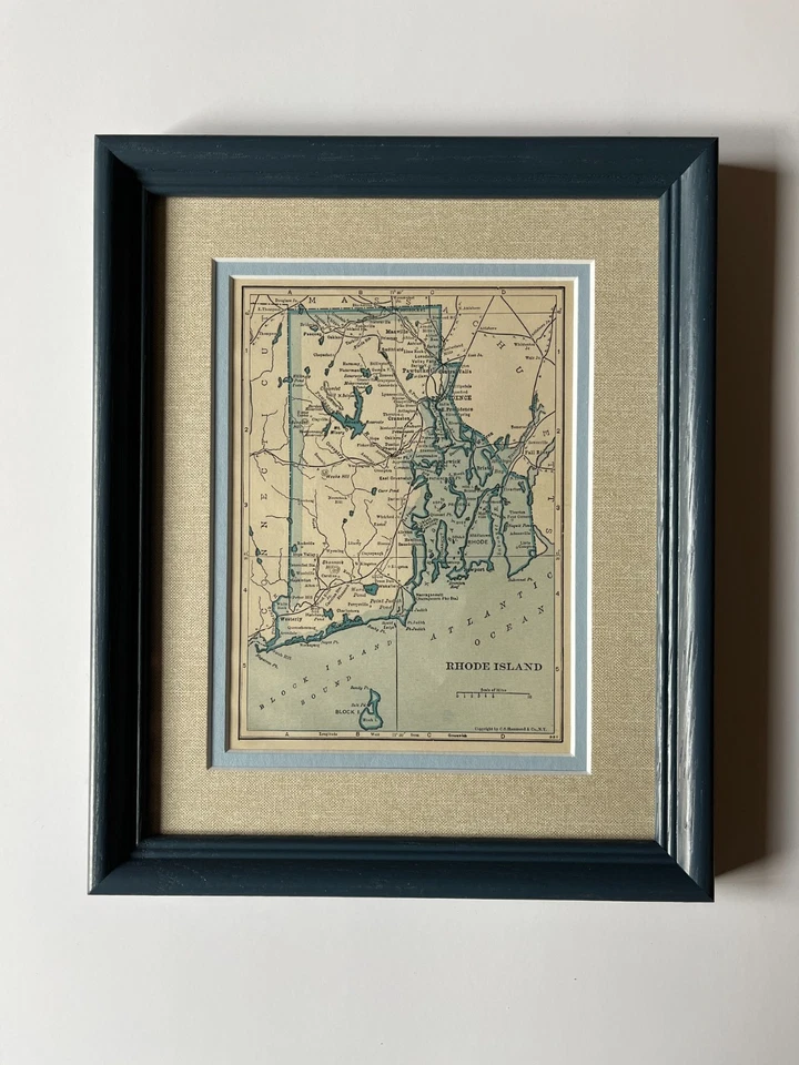 Mapa del estado de RHODE ISLAND de 1934 "Blue" por C.S. Alfombrilla Hammond, enmarcada/DBL VER DESCRIPCIÓN Foto 1 de 3