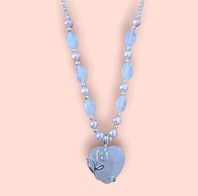 Rose Quartz Beaded Necklace Pink Freshwater Pearls Heart Pendant 17" - Image 1 of 4