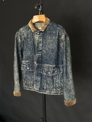 Chaqueta Jean Levi's Lavada Ácida Oscura Años 80 Cuello Pana Mediano Rara EE. UU. Foto 1 de 4