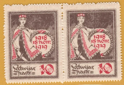 LATVIA LETTLAND 10 KAP. Sc. 60. PAR DE SELOS 4051 da década de 1919, sem marca de charneira - Imagem 1 de 2