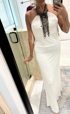 VESTIDO Maxi Sexy Marca Céu Tamanho XS Deusa Marfim Franja de Metal Novo com etiquetas Halter - Imagem 1 de 4