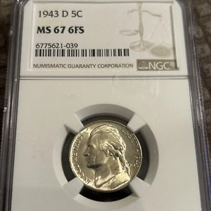 1943-D Jefferson Silver War Nickel NGC MS67 6FS SIX FULL STEPS FS Very Rare ๐บ๐ธ - Picture 1 of 4