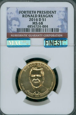 2016 D RONALD REAGAN PRES. DOLLAR NGC MS68 PQ MAC FINEST GRADE SPOTLESS * - Image 1 of 2