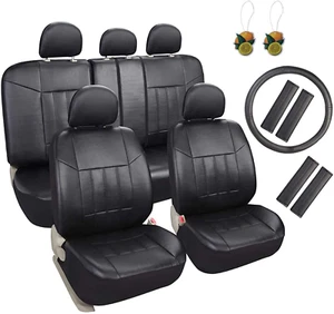 Pack Of 17 Pieces Leader Accessories Black Faux Leather Car Seat Covers Full Set - Picture 1 of 9