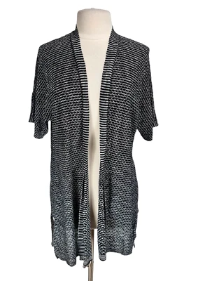 EILEEN FISHER Womens Open Front Kimono Cardigan Size XS Black Striped Short SLV - Image 1 of 4