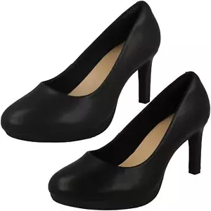 Ladies Clarks Leather Slip On Platform Stiletto Heeled Wide Fit Court Shoes - Picture 1 of 19