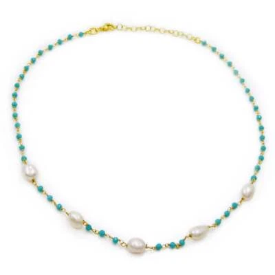 Collana in Argento Placcato Oro con Perle d'Acqua Dolce e Pietre Turchesi - Immagine 1 di 3