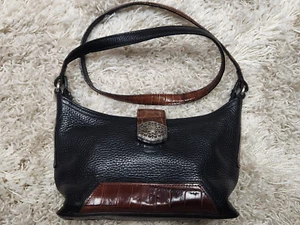 Brighton kleine Schultertasche schwarz Leder braun Kroko-Besatz silberfarbene Hardware - Bild 1 von 13