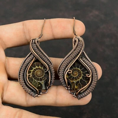 Gift For Her Ammonite Fossil Wire Wrapped Earrings Copper Jewelry 3.11" - Image 1 of 4