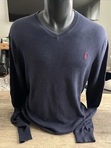 Polo Ralph Lauren Men’s Navy V-Neck Sweater Long Sleeve 100% Pima Cotton Sz L - Picture 1 of 5