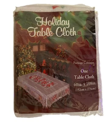 Vintage Christmas Tablecloth Red Poinsettia Polyester Holiday Lace Look 60 x 108 - Image 1 of 4