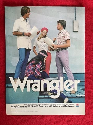 Vintage 1971 Print Ad Wrangler Jeans And Sportswear Fashion Hippie Headband Ad - Image 1 of 2