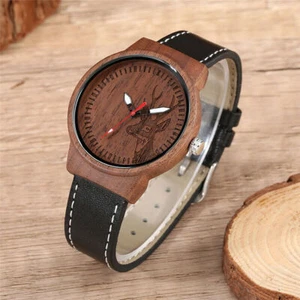 Reloj de pulsera informal de cuarzo de madera natural con patrón de alce para hombre correa de cuero negro - Imagen 1 de 8