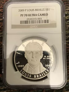2009 1 DOLLARS SILVER LOUIS BRAILLE 'P' MS 70 ULTRA CAMEO - Picture 1 of 2