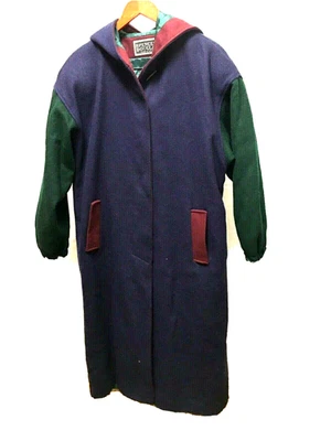 Vintage Long Coat Size 16 Hooded Blue Green Red Color Block Wool Blend USA - Image 1 of 4