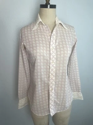 Camisa de los años 70 hace 20 rosa transparente a cuadros con botones cuello punta de lanza XS PEQUEÑA Foto 1 de 4