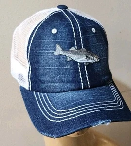 Striped Bass Fishing Hat Distressed Mesh Trucker Blue Jean Mesh Striper Hat - Picture 1 of 14