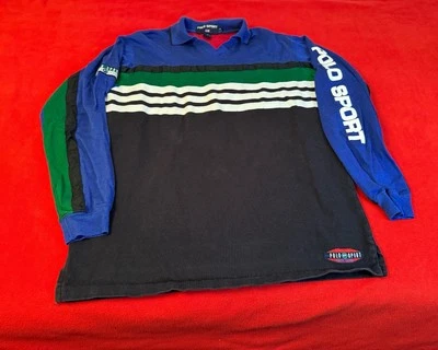 Винтажная рубашка 90-х Polo Sport Ralph Lauren Pepsi регби в полоску цветной блок M б/у в отличном состоянии - Изображение 1 из 4