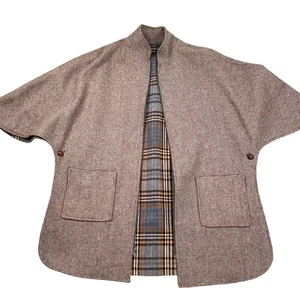 Cape Coat Women OSFA Brown Gray Check Plaid Jacket Pockets Zip Button Open Sides - Picture 1 of 9