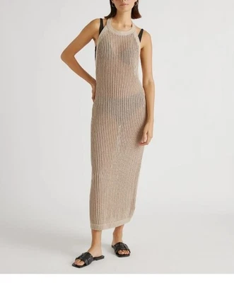 Quince 100% Organic Cotton Open Knit Crochet Cover-Up Maxi Dress Beige Sz M NWT - Image 1 of 4