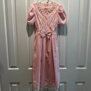 Vtg Bonnie Jean Pink Prairie Cottagecore Girls Dress Sz 12 Lace Ribbon Trim Bow - Picture 1 of 17