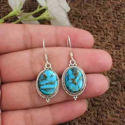 Glänzend Blau Kupfer Türkis Edelstein 925 Sterlingsilber Ohrring - Bild 1 von 4