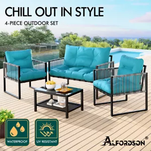 ALFORDSON 4PCS Outdoor Furniture Lounge Set Wicker Table and Chairs Garden Blue - Picture 1 of 11