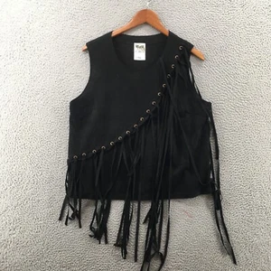Vocal Tank Top Womens 0 Black Faux Suede Sleeveless Eyelet Fringe Round Neck - Picture 1 of 14