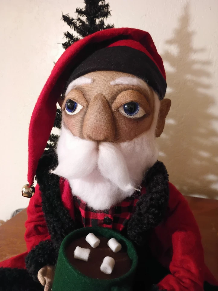 Muñeca hecha a mano arte popular SANTA CLAUS & COCOA Navidad primitiva 28" Poppywise Foto 1 de 4