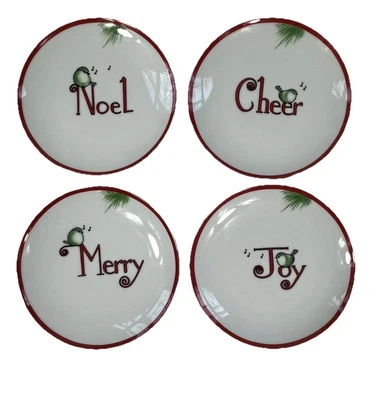 4 Holiday Porcelain Appetizer Plates Birds Merry Noel Joy Cheer Everyday White - Image 1 of 4