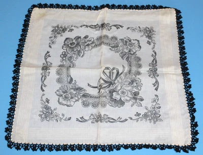 Lady's Vintage Handkerchief Black Printed Flowers & Crocheted Border - Image 1 of 2
