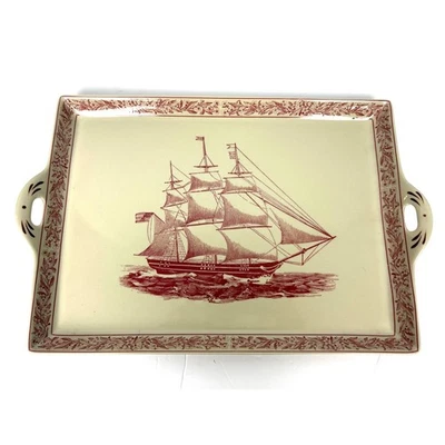 Madison Bay Company Vintage Transferware Ship Sailing Nautical Serving Tray Red - Image 1 of 4