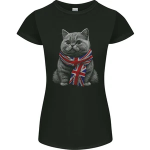 A Cat With a Union Jack Scarf Great Britain Womens Petite Cut T-Shirt - Picture 1 of 2