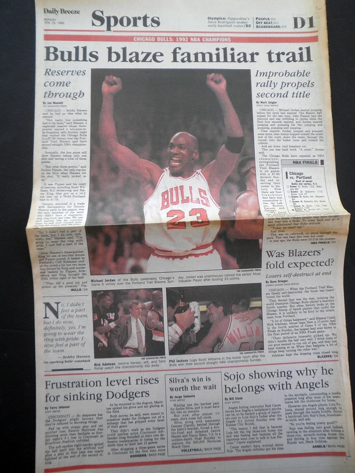 RARO BULLS MICHAEL JORDAN GANA SEGUNDO TÍTULO DE LA NBA 1992 PERIÓDICO DEPORTIVO ORIGINAL DE COLECCIÓN Foto 1 de 1
