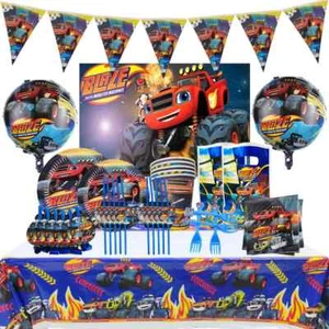 BLAZE PARTY MONSTER BIRTHDAY MACHINES DECORATION PLATES CUP BANNER COVER - Picture 1 of 13