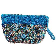  Beaded and Sequin Blue and Multi Color Sparkle Zip Handmade Coin Purse Wallet