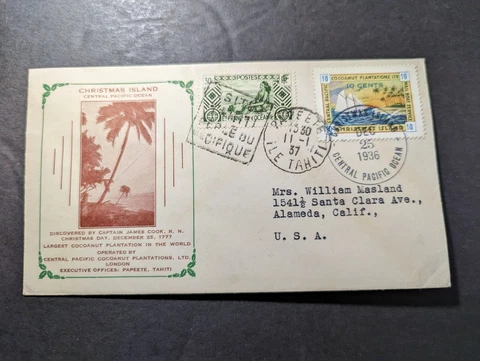 1936 Christmas Island Cover Papeete Tahiti to Alameda CA USA Cover
