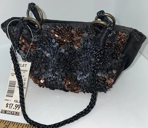 NWT Purse Dark Black Silky Beads Sequins Braided Handle Made in India - Picture 1 of 9