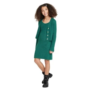 Art Class Girls Large 10/12 Green Fuzzy Knee Length Sweater Dress & Cardigan Set - Picture 1 of 5