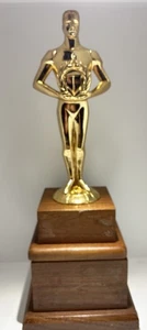 large Vintage Gold Tone Solid Metal Trophy With Wooden Stand And Pedestal - Picture 1 of 5